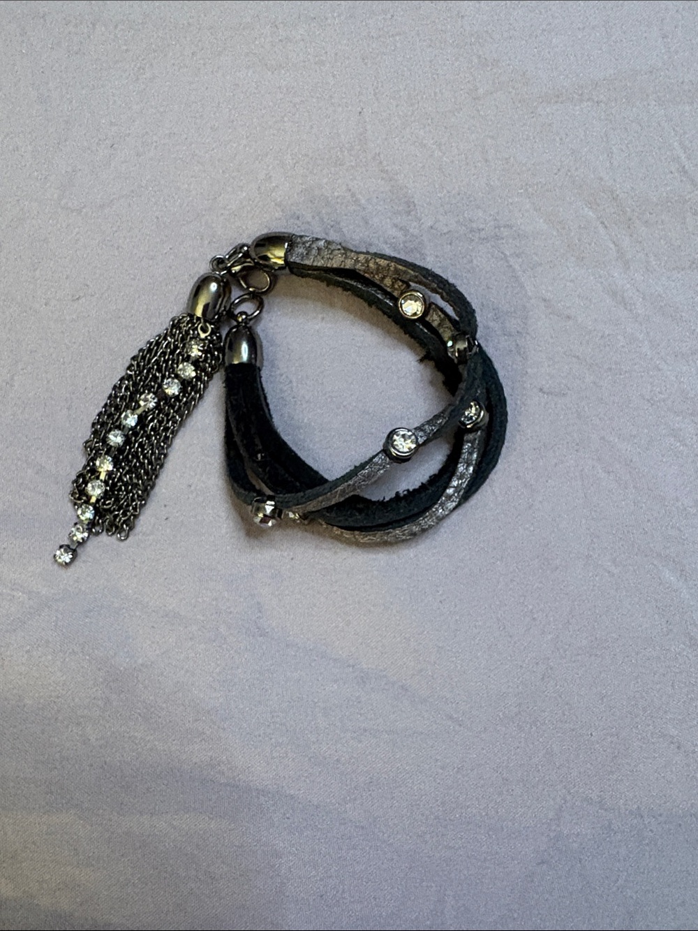 Black and Silver leather Rhinestone Tassel Wrap Bracelet
